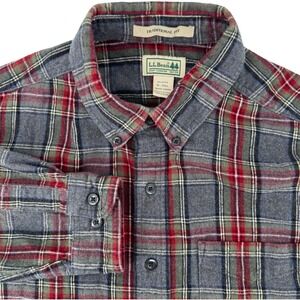 LL Bean Traditional Fit Plaid Flannel Shirt Long Sleeve Mens M Tall Gray/Red